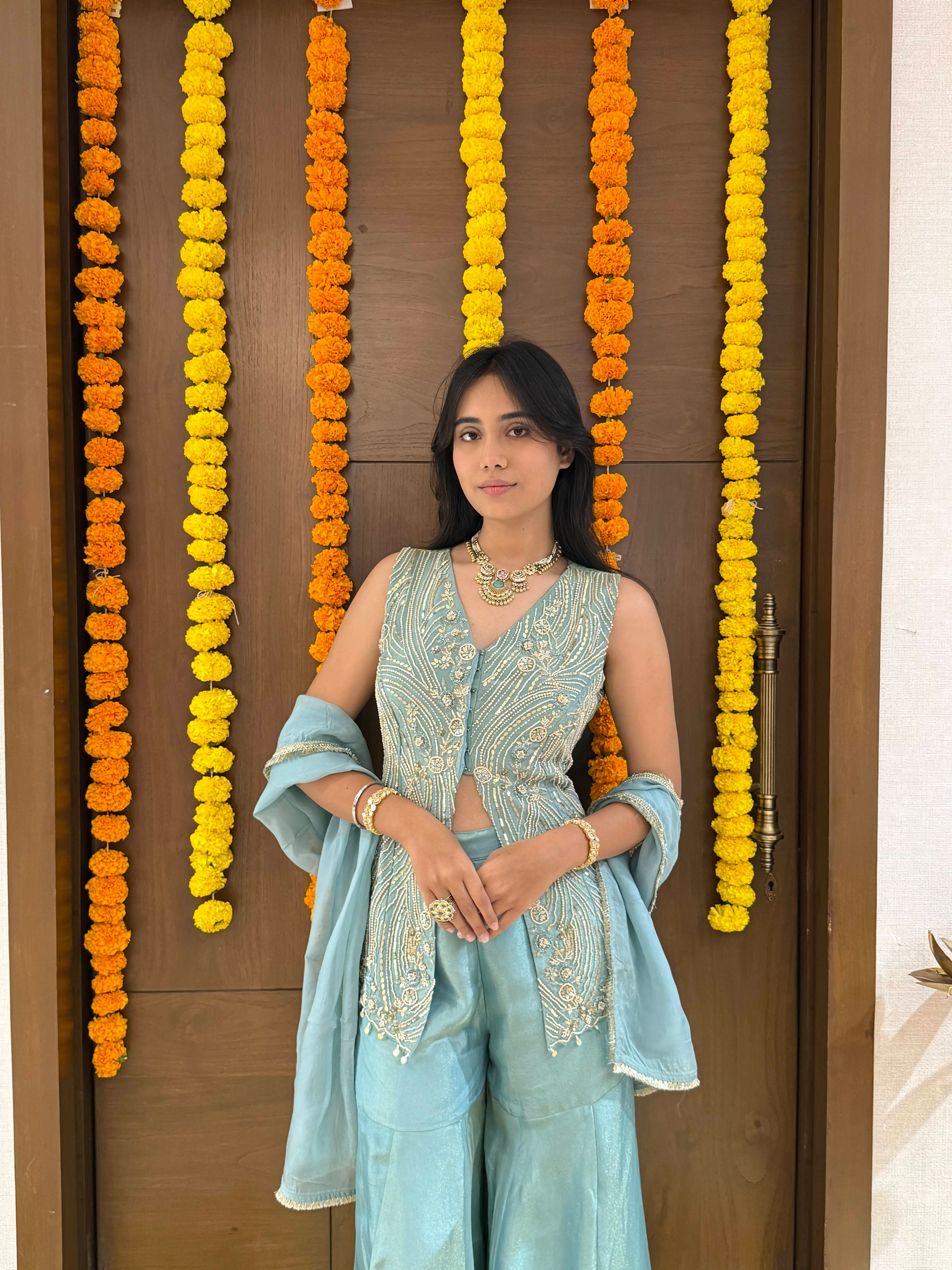 Powder Blue Hand-Embroidered Palazzo Set with Sleeveless Jacket - Image 3