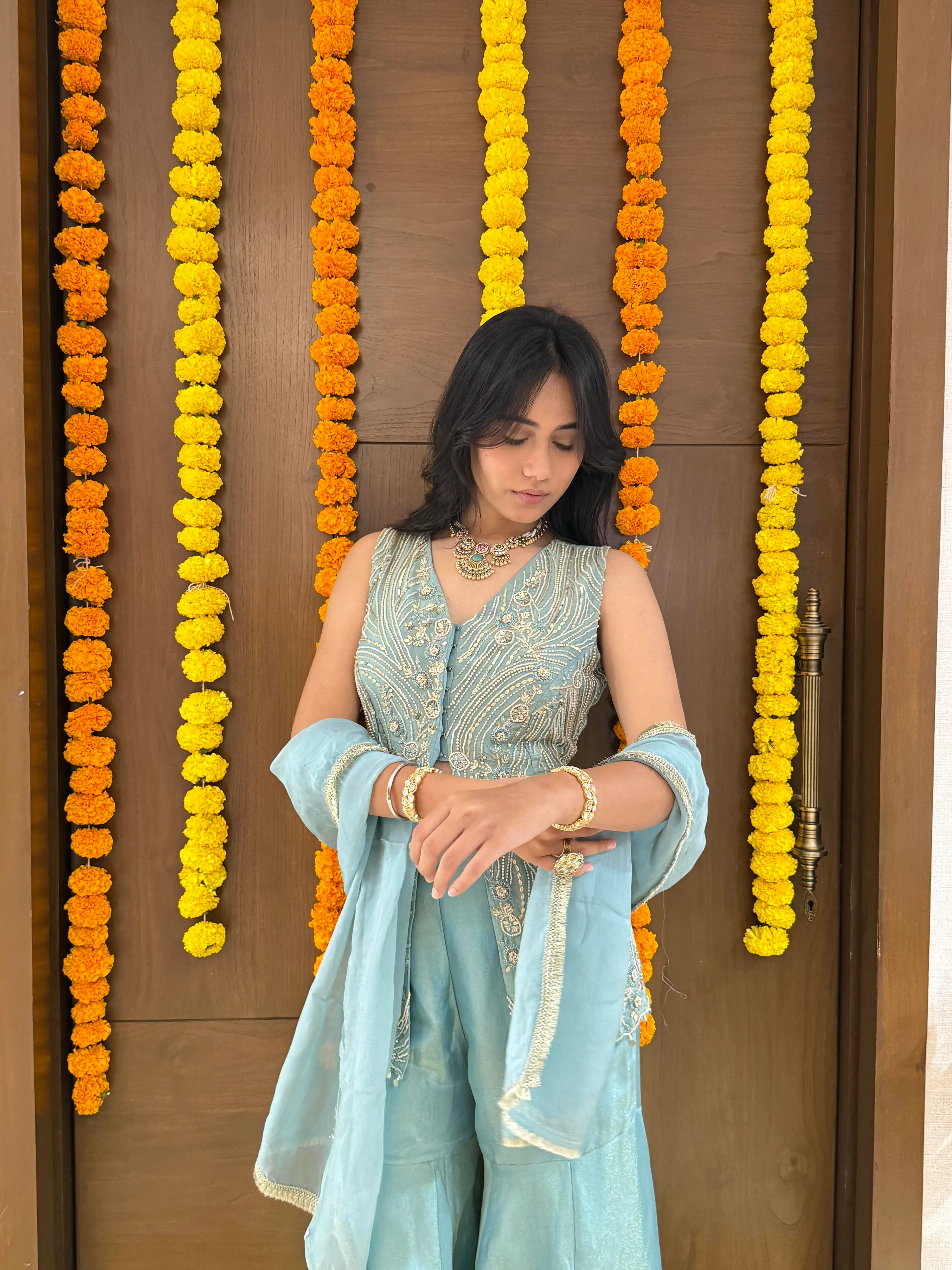 Powder Blue Hand-Embroidered Palazzo Set with Sleeveless Jacket - Image 4