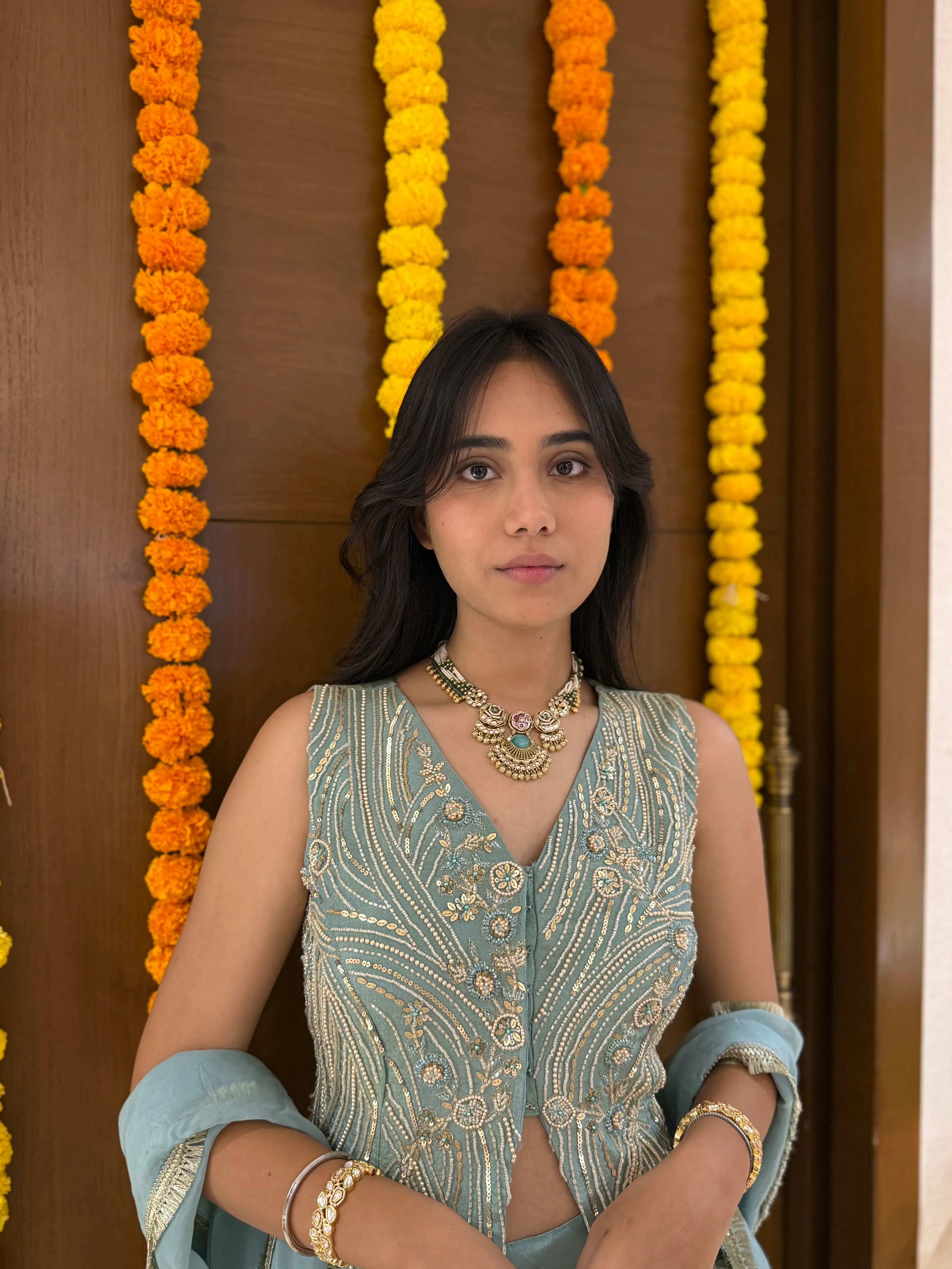 Powder Blue Hand-Embroidered Palazzo Set with Sleeveless Jacket - Image 5