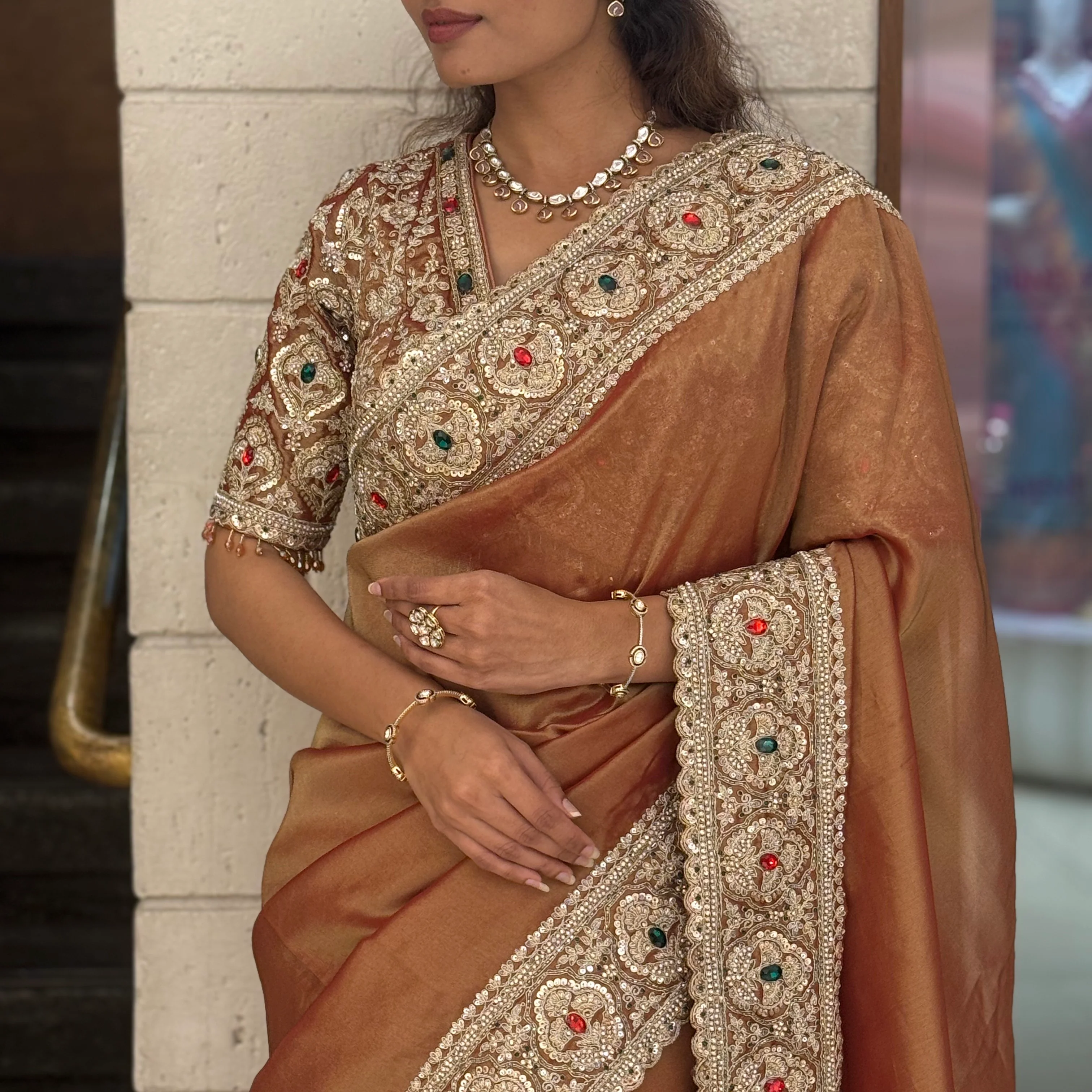 Premium Copper Silk Saree with Antique Hand Embroidered Border - Image 2
