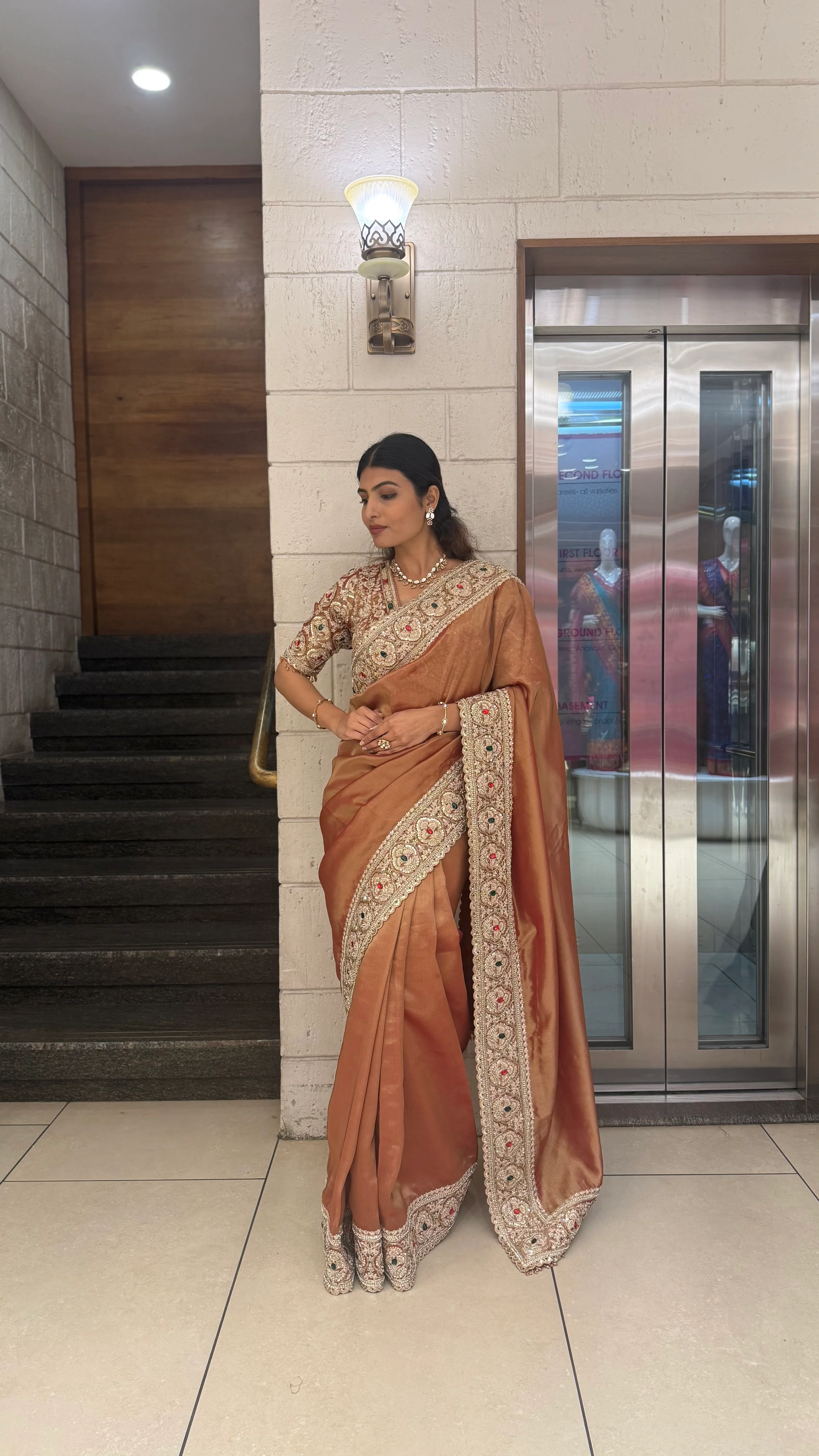 Premium Copper Silk Saree with Antique Hand Embroidered Border - Image 3