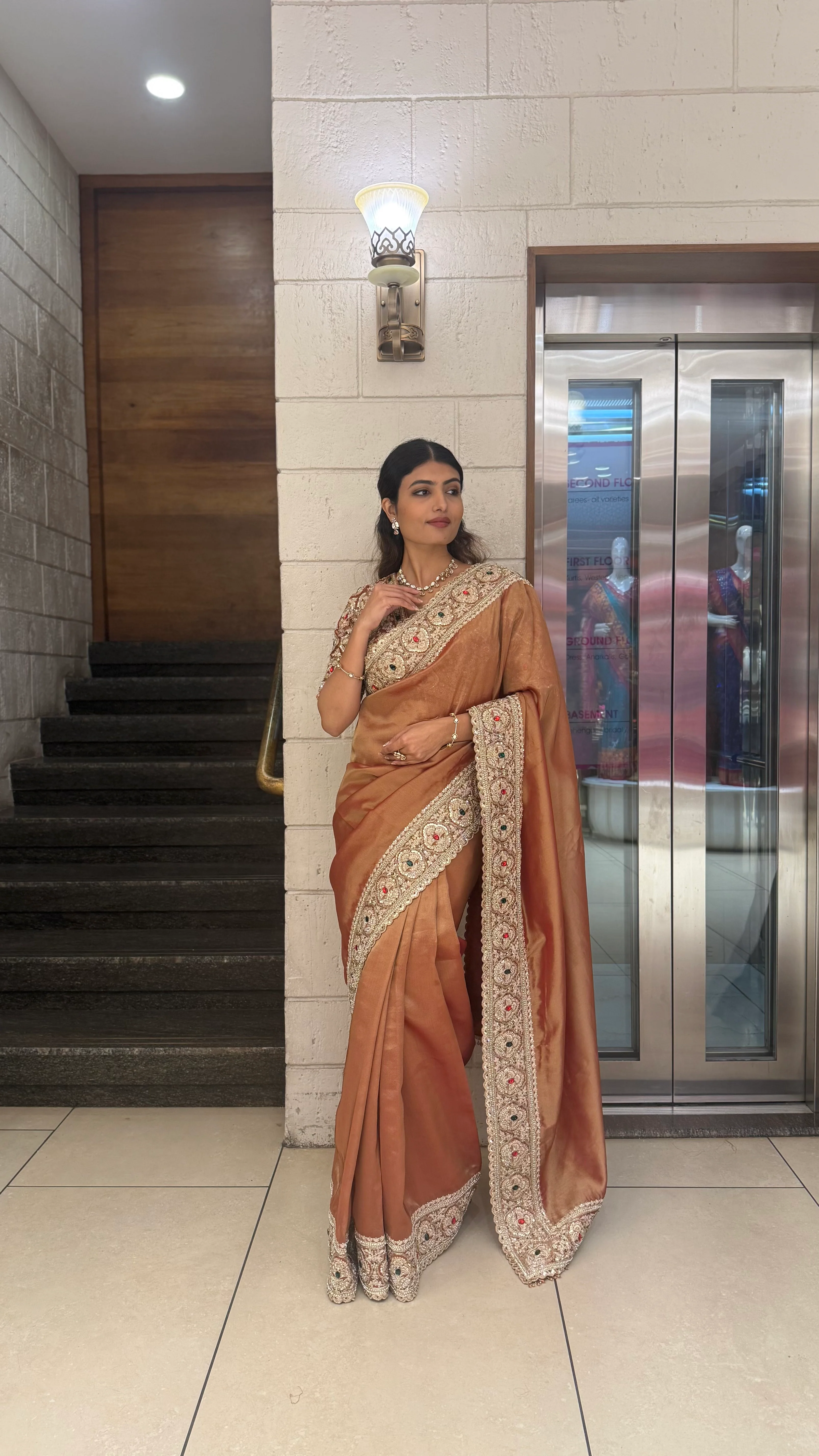 Premium Copper Silk Saree with Antique Hand Embroidered Border - Image 4