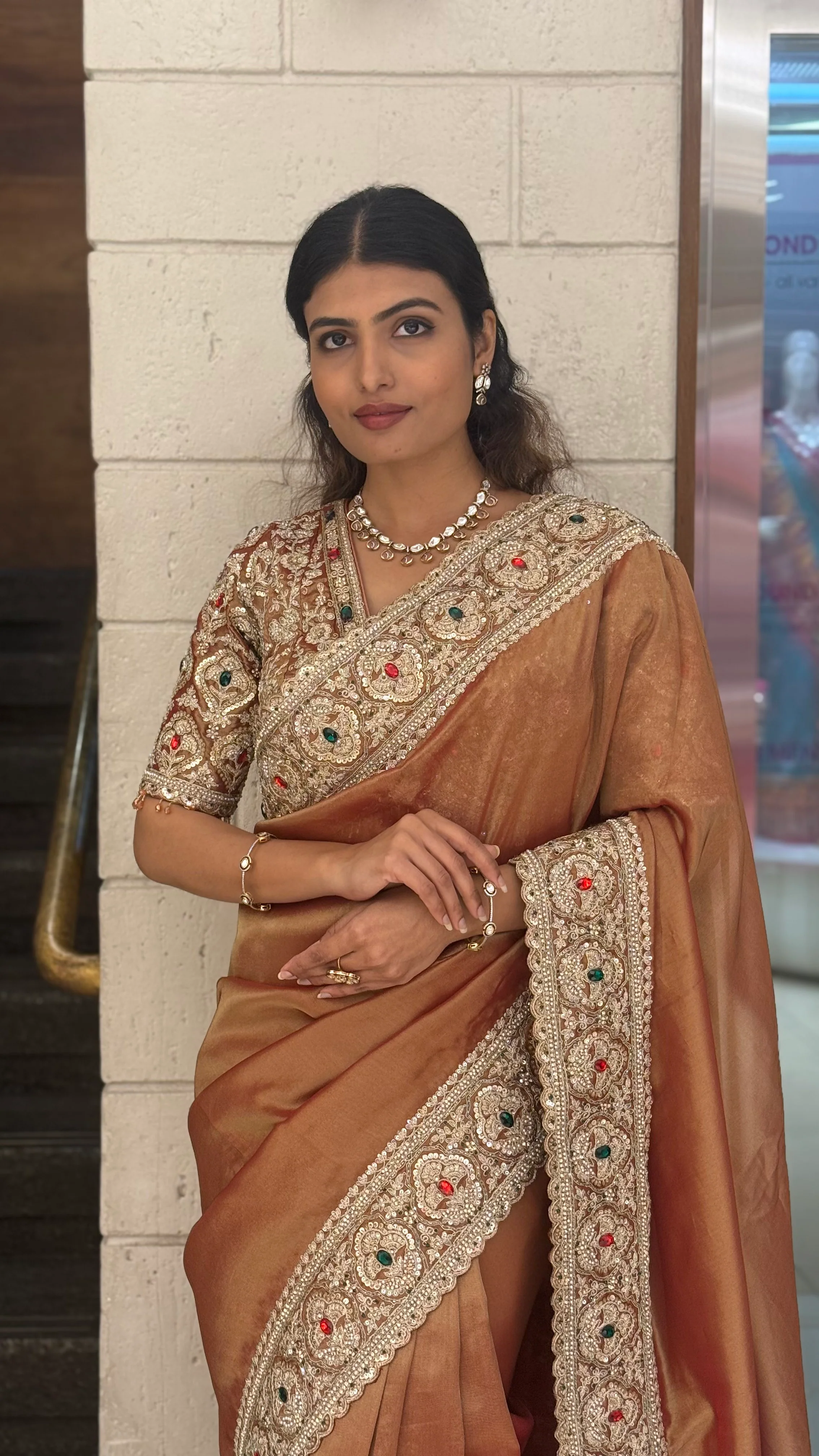 Premium Copper Silk Saree with Antique Hand Embroidered Border - Image 5