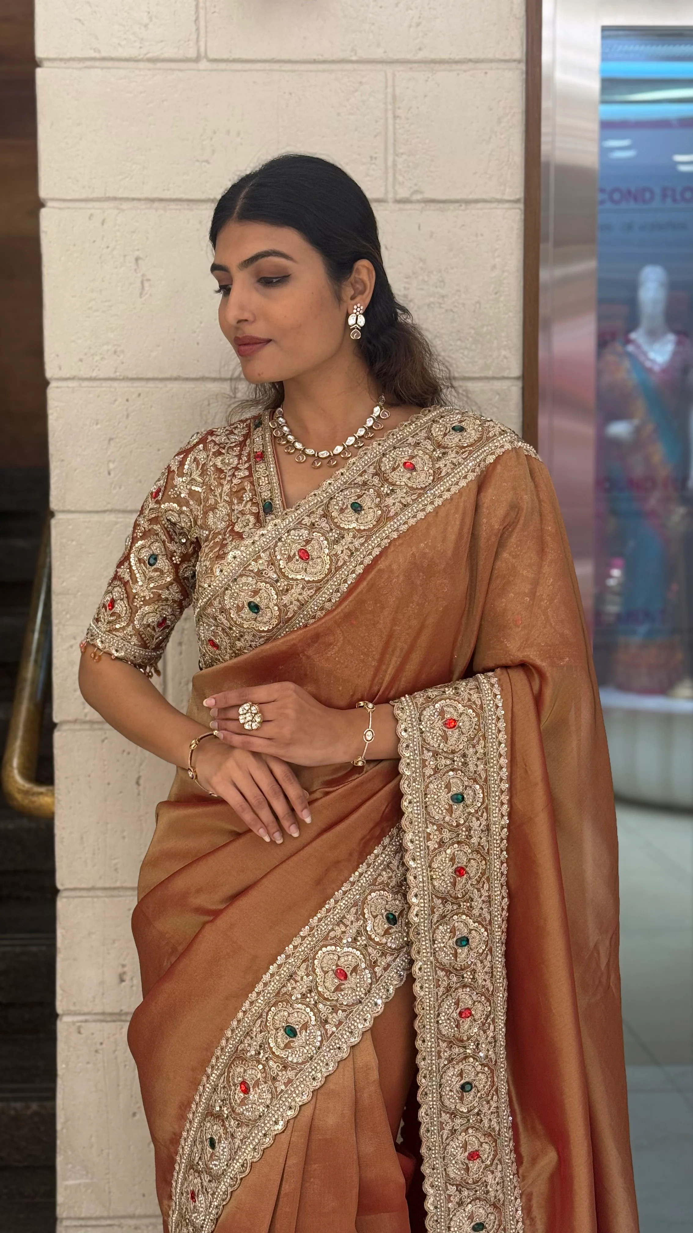 Premium Copper Silk Saree with Antique Hand Embroidered Border - Image 7
