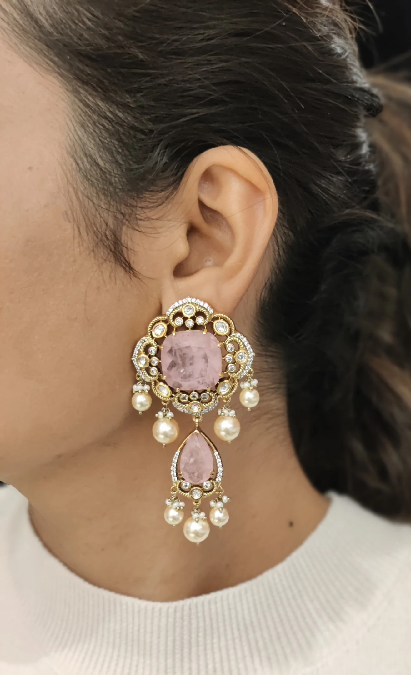 Premium Pink Stone Kundan Pearl Choker Necklace Set – Bridal & Festive Jewelry - Image 2