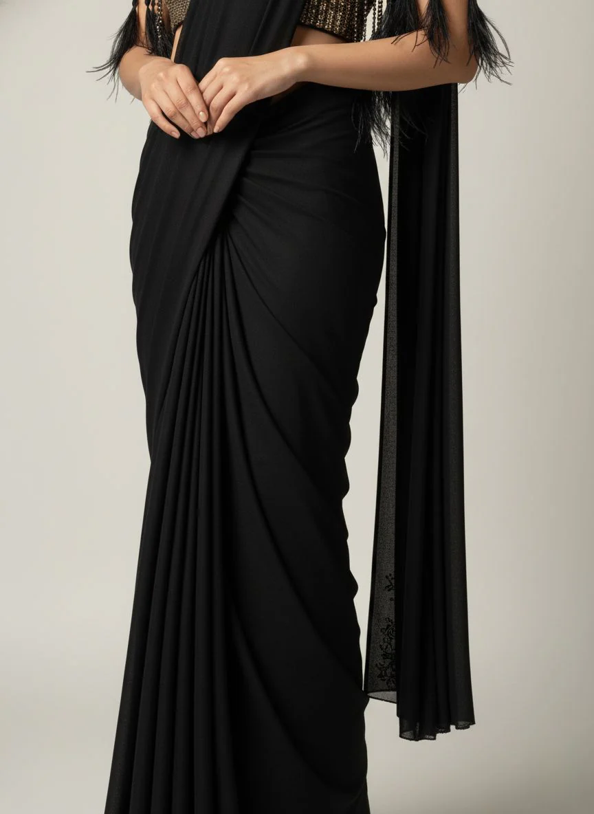 Premium Ready to Wear Black Pre-Stitched Saree with Gold Sequin Feather Sleeve Blouse - Image 3