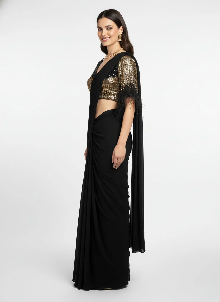 Premium Ready to Wear Black Pre-Stitched Saree with Gold Sequin Feather Sleeve Blouse - Image 4