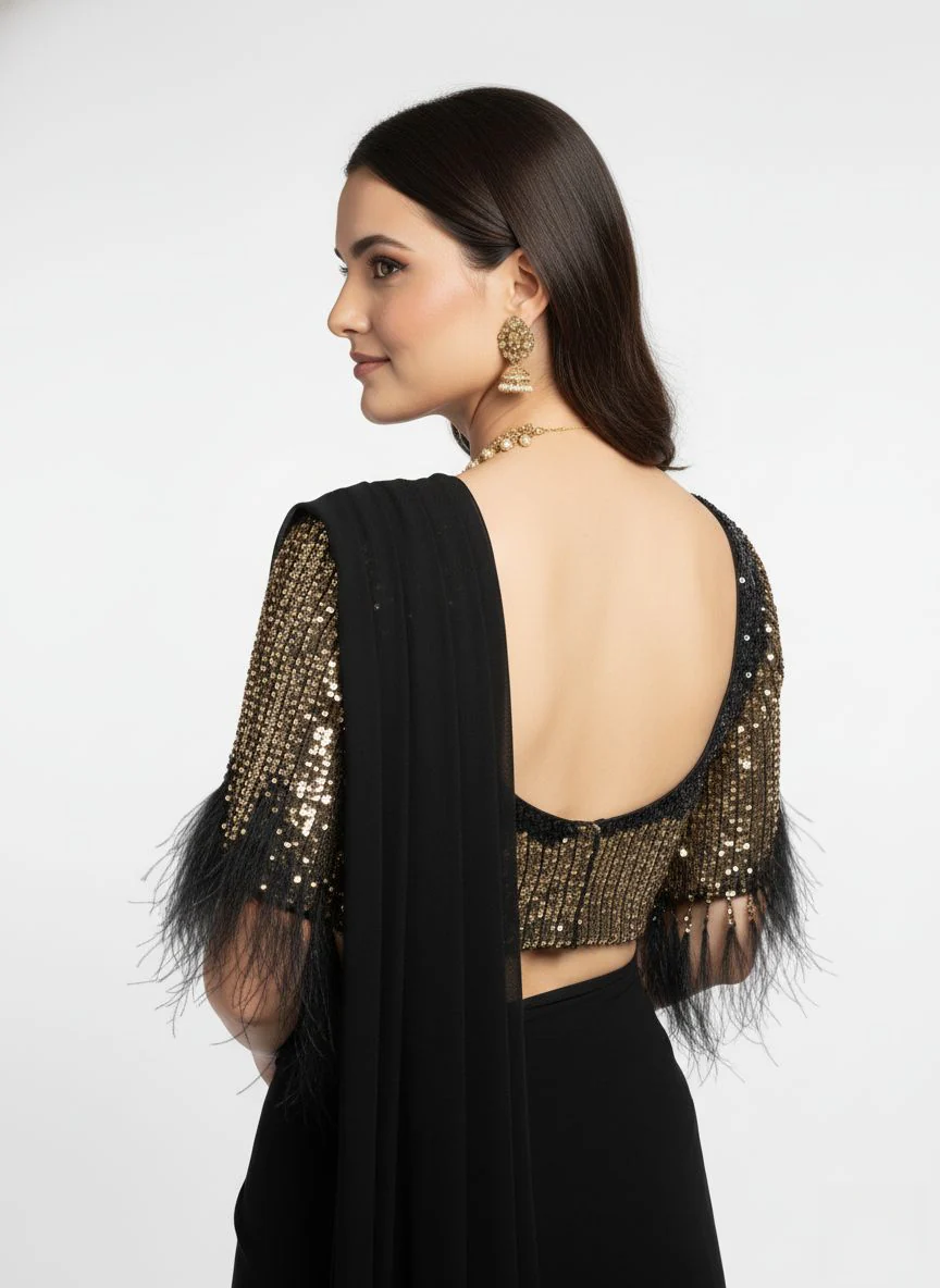 Premium Ready to Wear Black Pre-Stitched Saree with Gold Sequin Feather Sleeve Blouse - Image 5