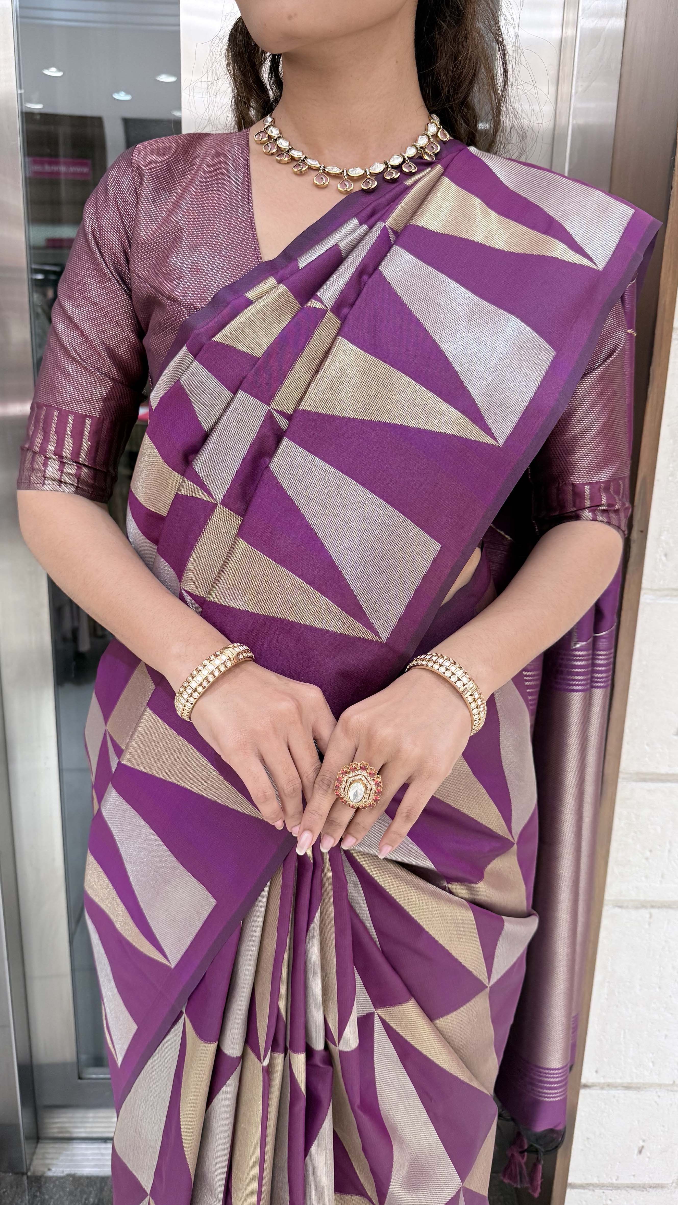 Premium Soft Silk Saree with Modern Geometric Zari Weaving - Image 10