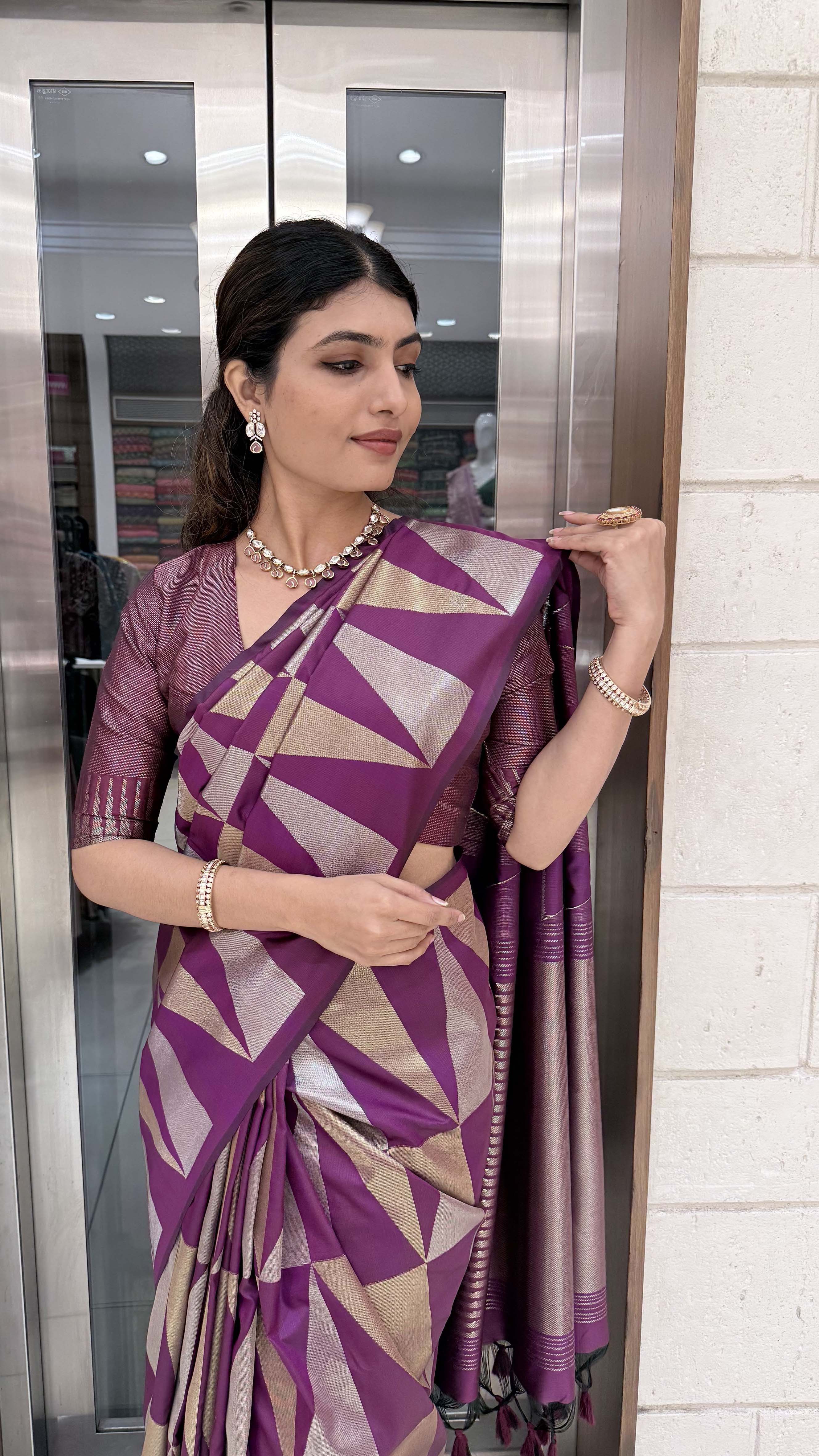 Premium Soft Silk Saree with Modern Geometric Zari Weaving - Image 11