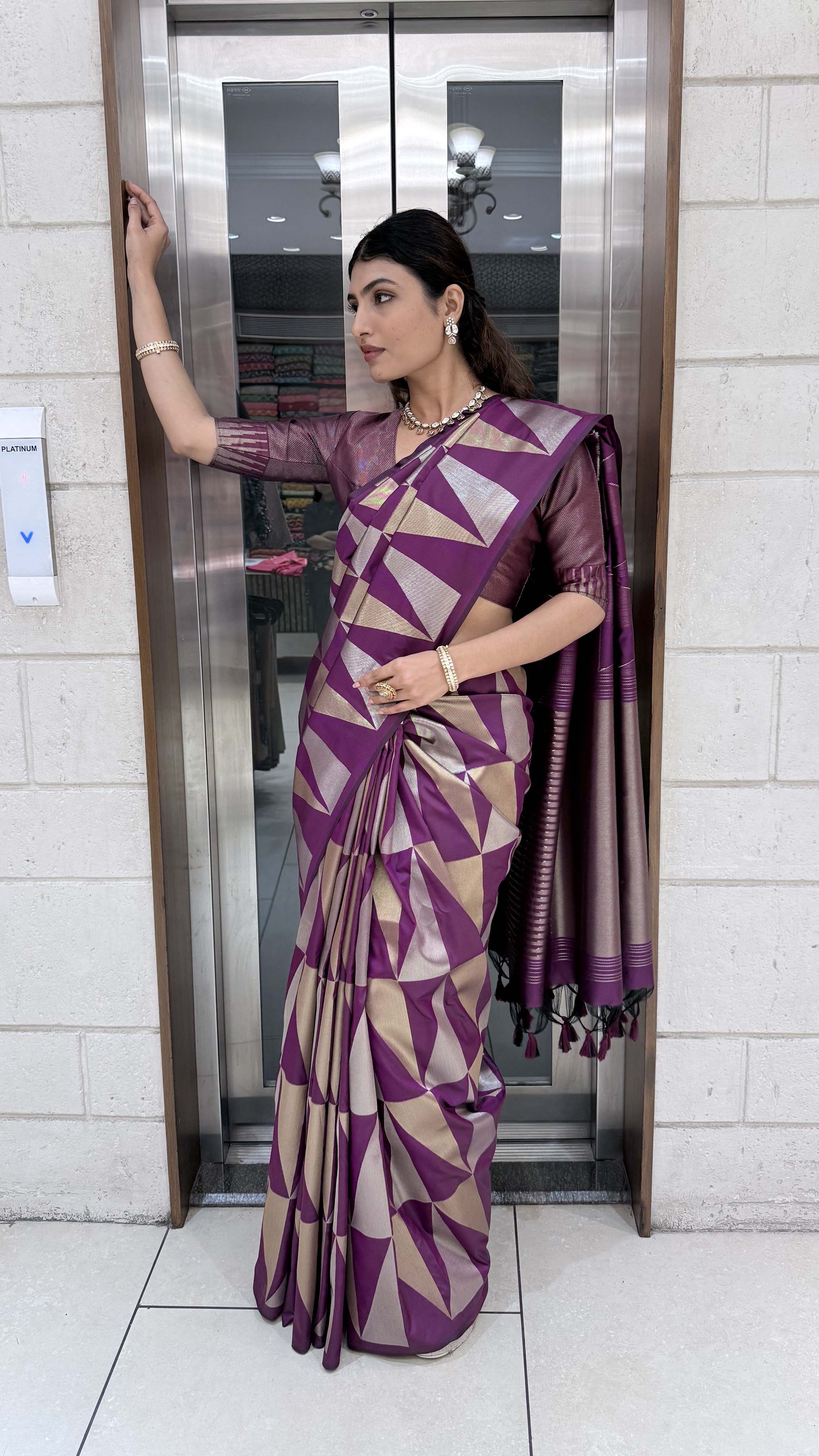 Premium Soft Silk Saree with Modern Geometric Zari Weaving - Image 12