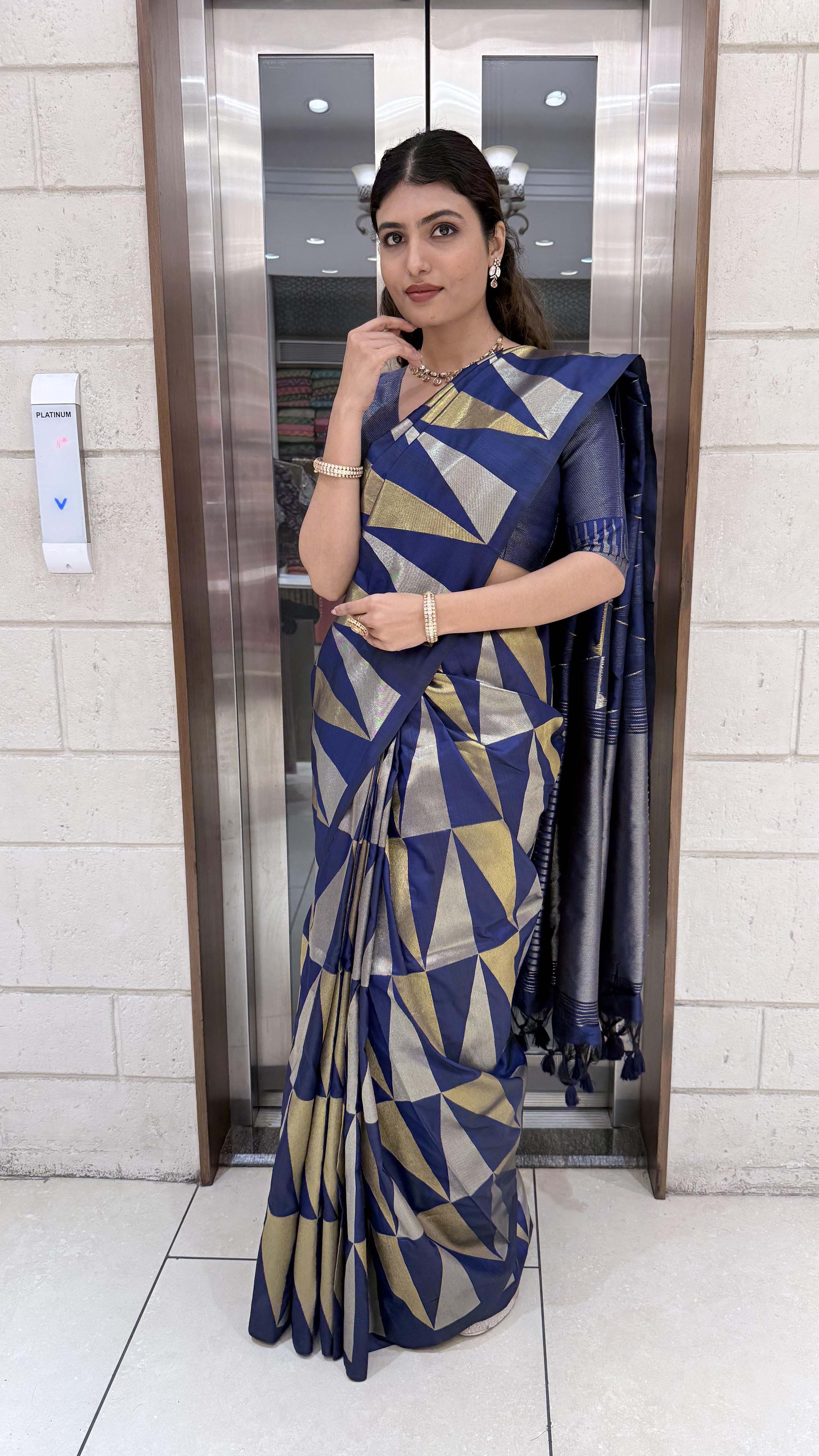 Premium Soft Silk Saree with Modern Geometric Zari Weaving - Image 16
