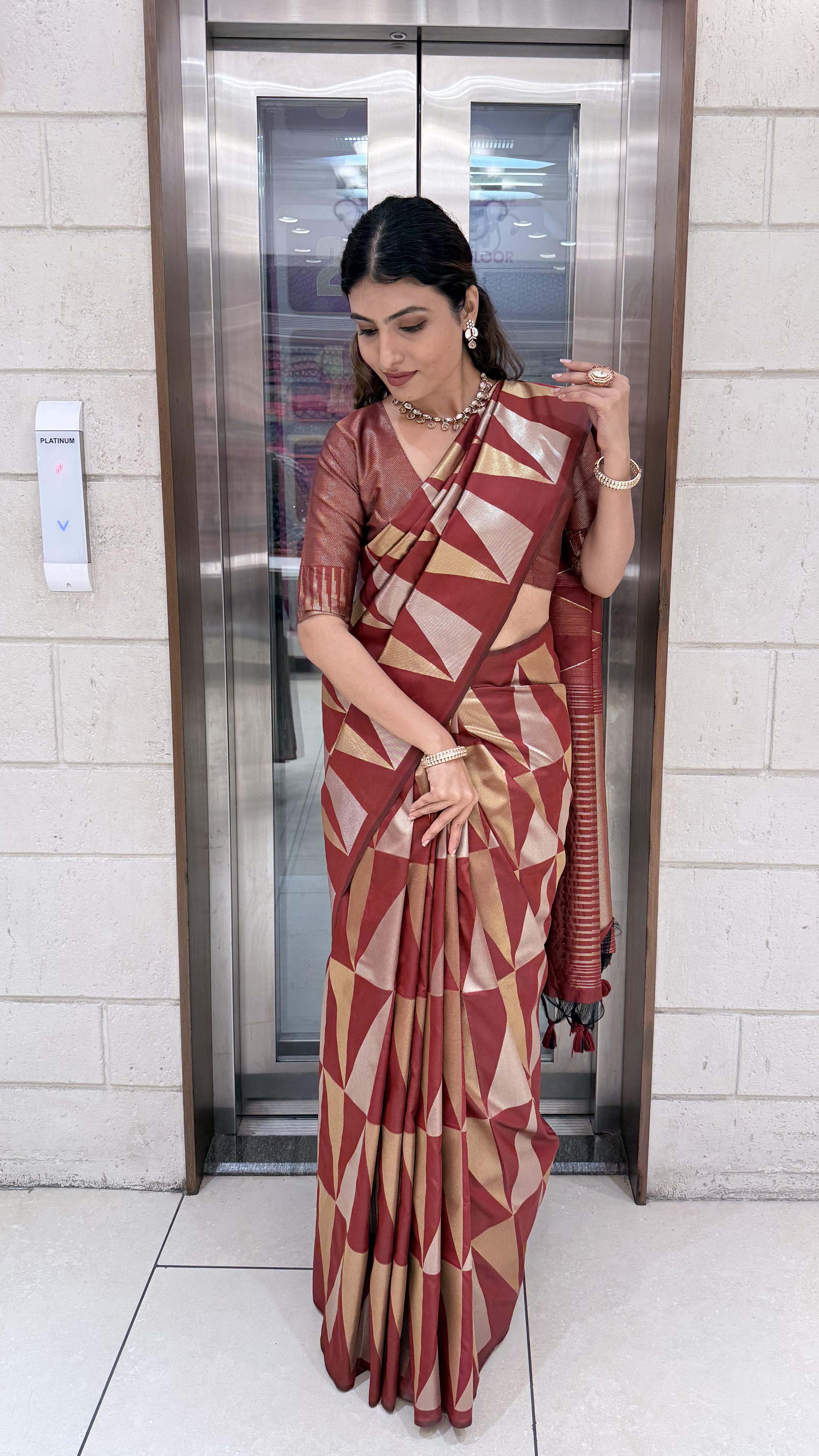 Premium Soft Silk Saree with Modern Geometric Zari Weaving - Image 24
