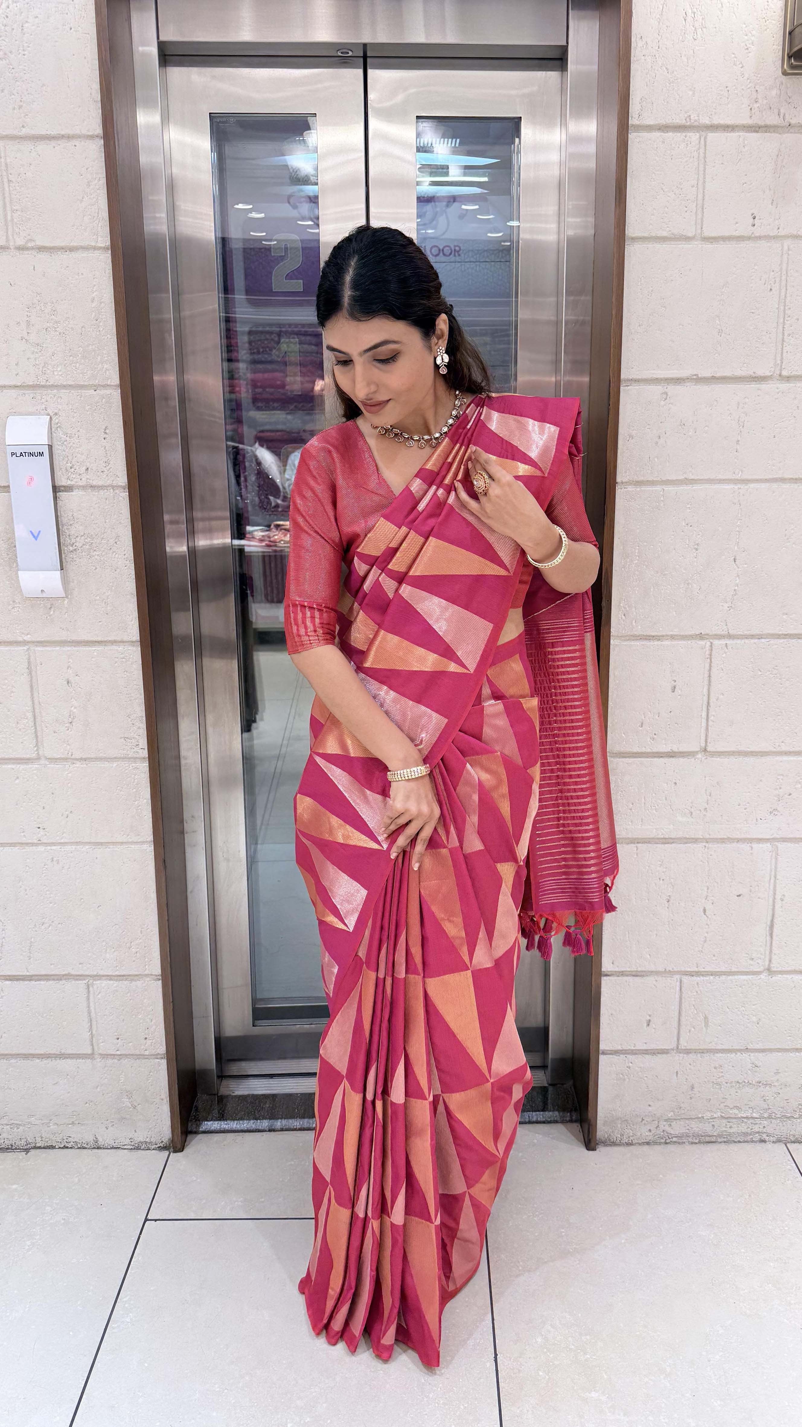 Premium Soft Silk Saree with Modern Geometric Zari Weaving - Image 4