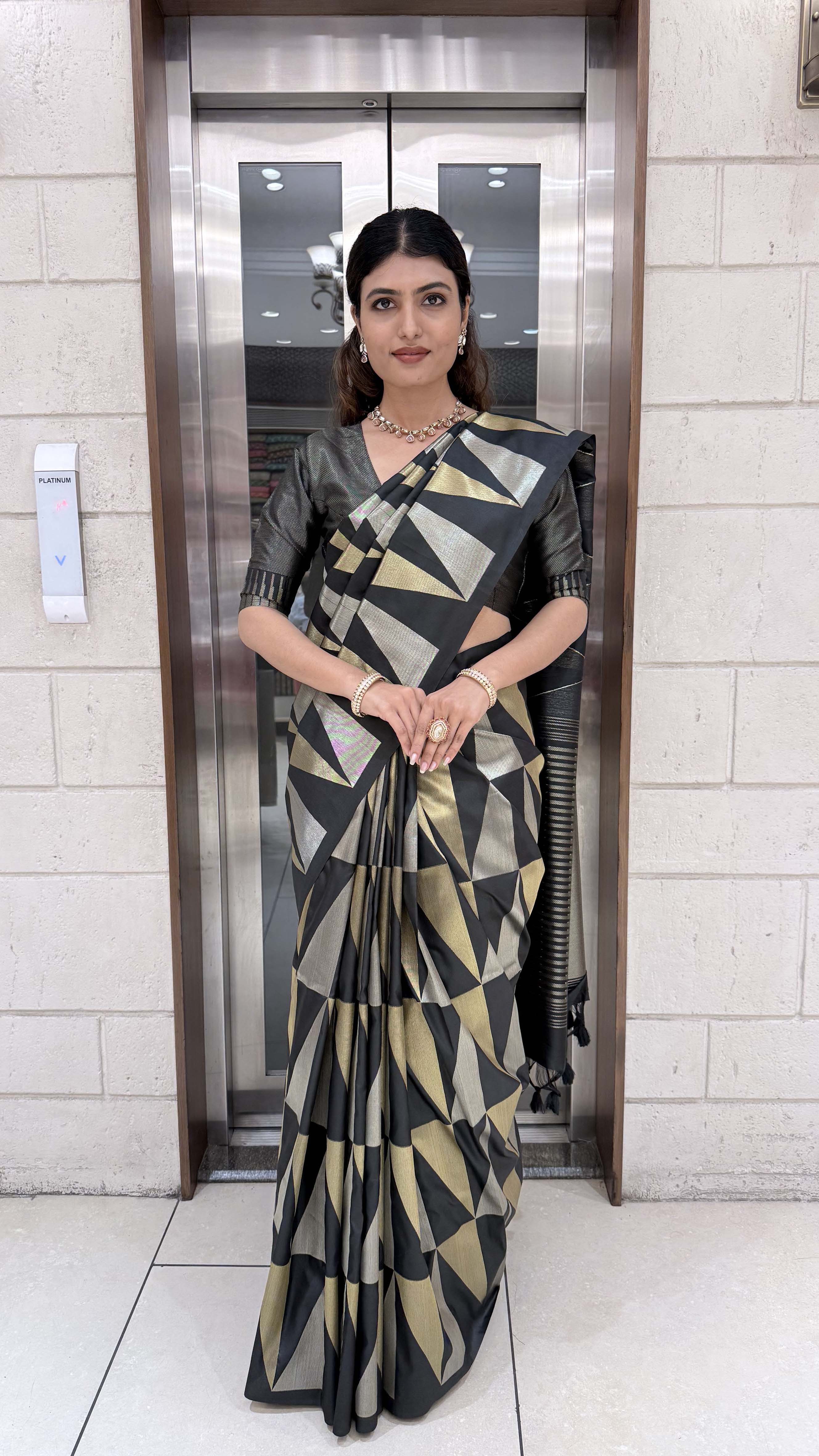 Premium Soft Silk Saree with Modern Geometric Zari Weaving - Image 5