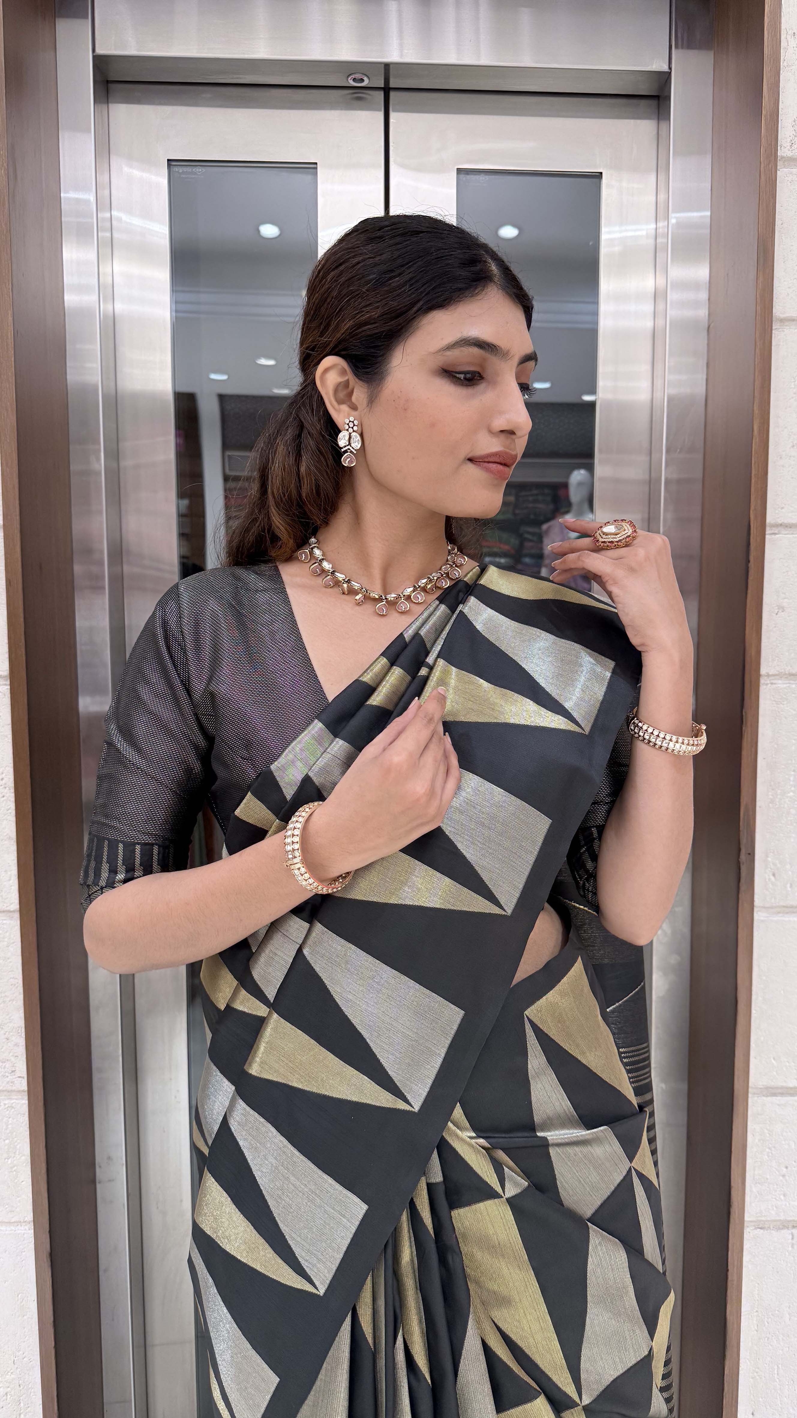 Premium Soft Silk Saree with Modern Geometric Zari Weaving - Image 7