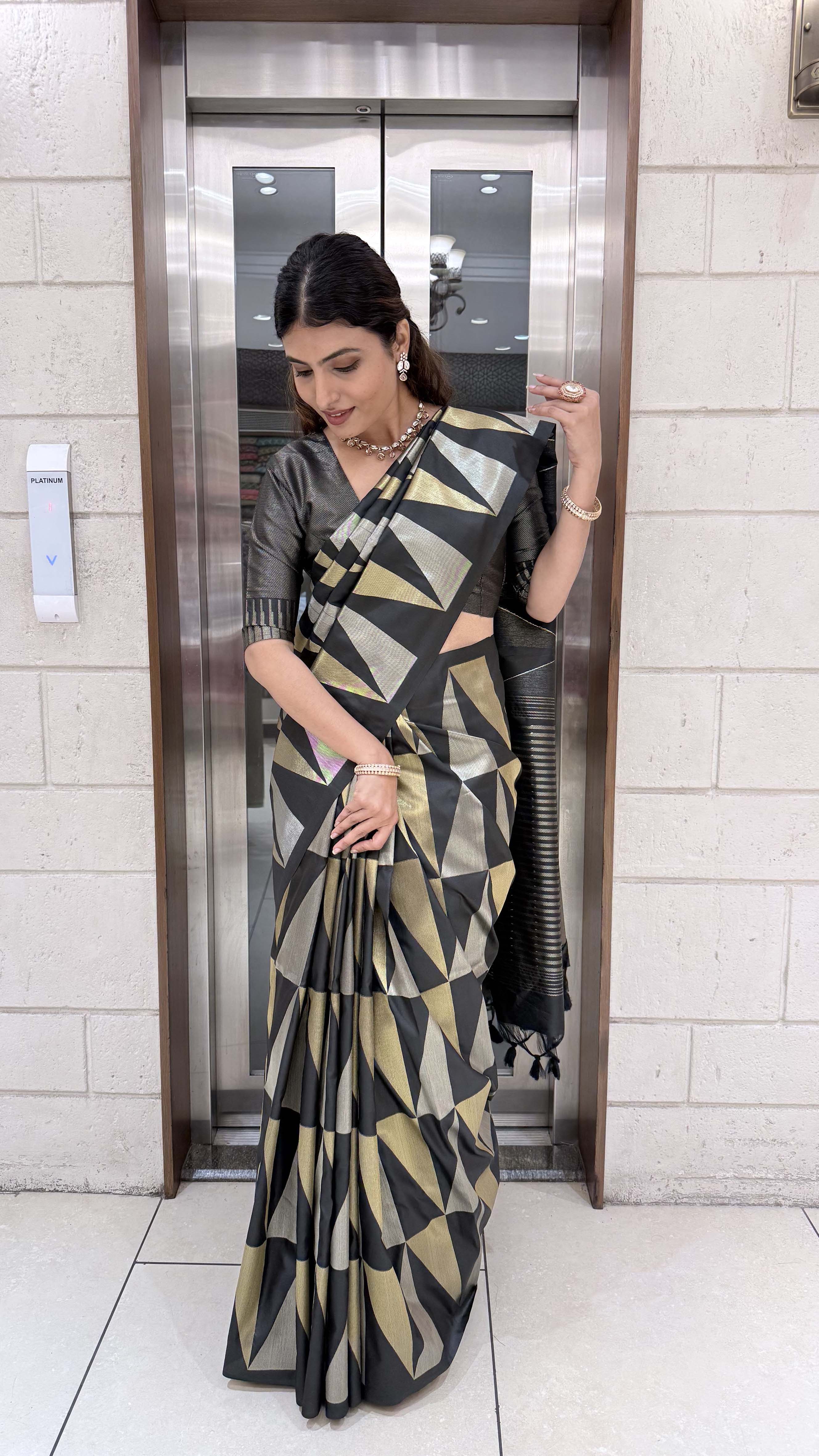 Premium Soft Silk Saree with Modern Geometric Zari Weaving - Image 8