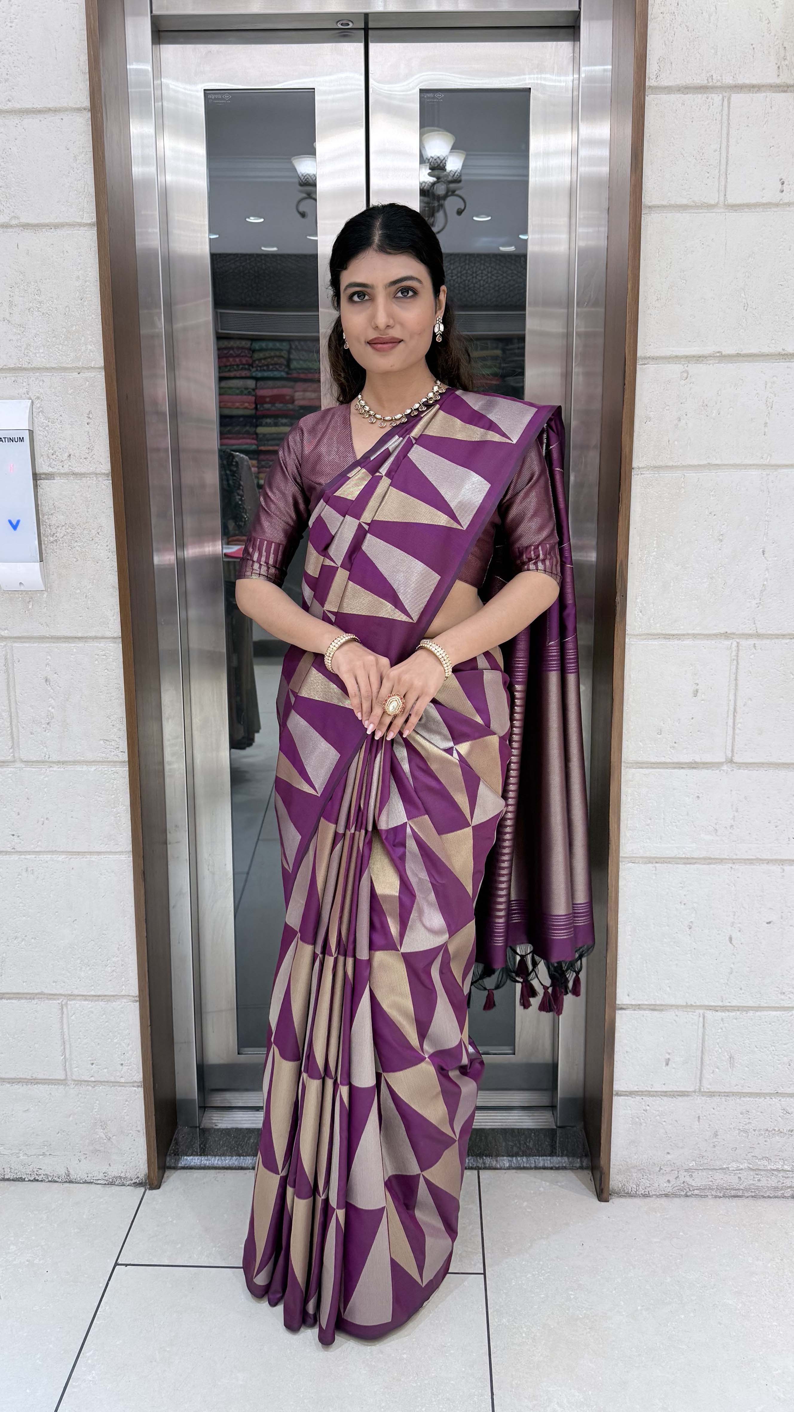 Premium Soft Silk Saree with Modern Geometric Zari Weaving - Image 9