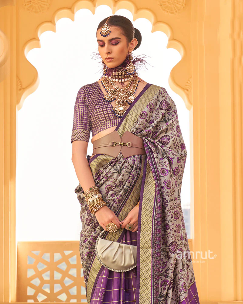 Purple and Beige Printed Silk Saree with Unstitched Blouse - Image 2