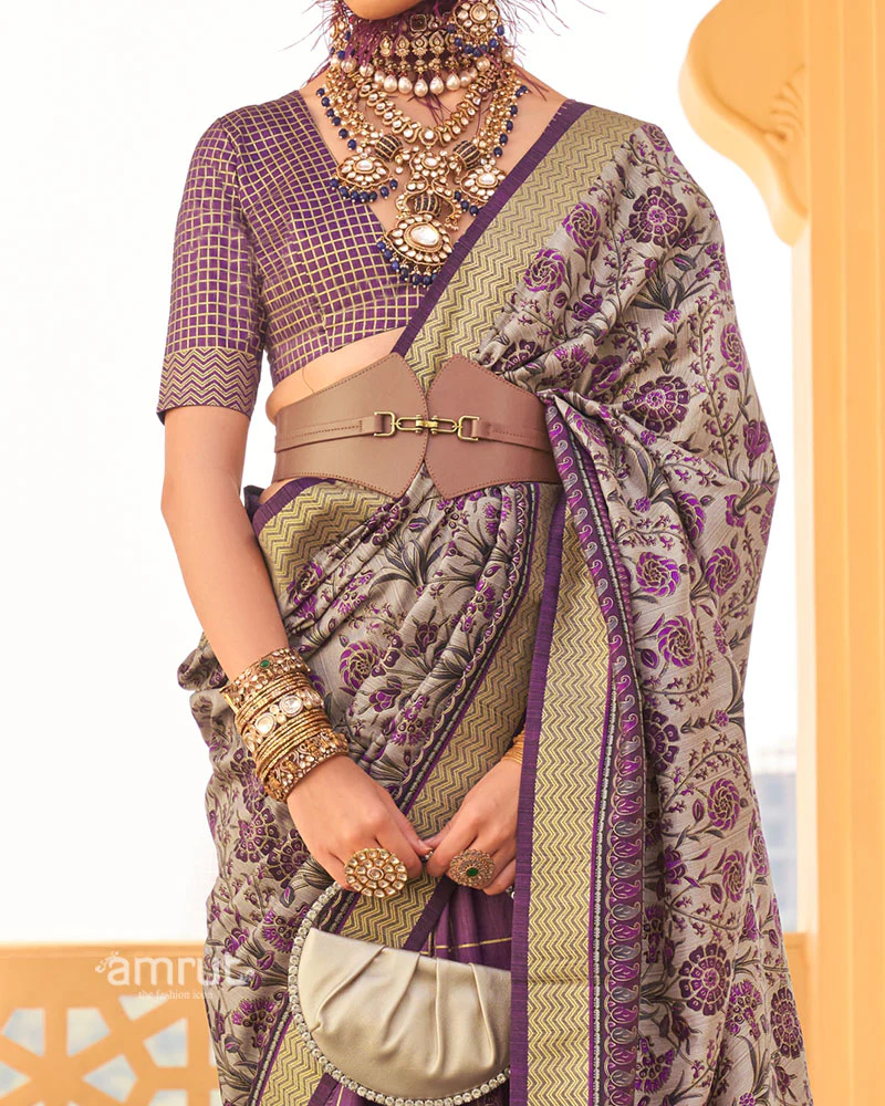 Purple and Beige Printed Silk Saree with Unstitched Blouse - Image 3