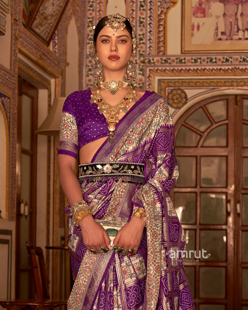 Purple and Cream Bandhani Saree with Unstitched Blouse - Image 2