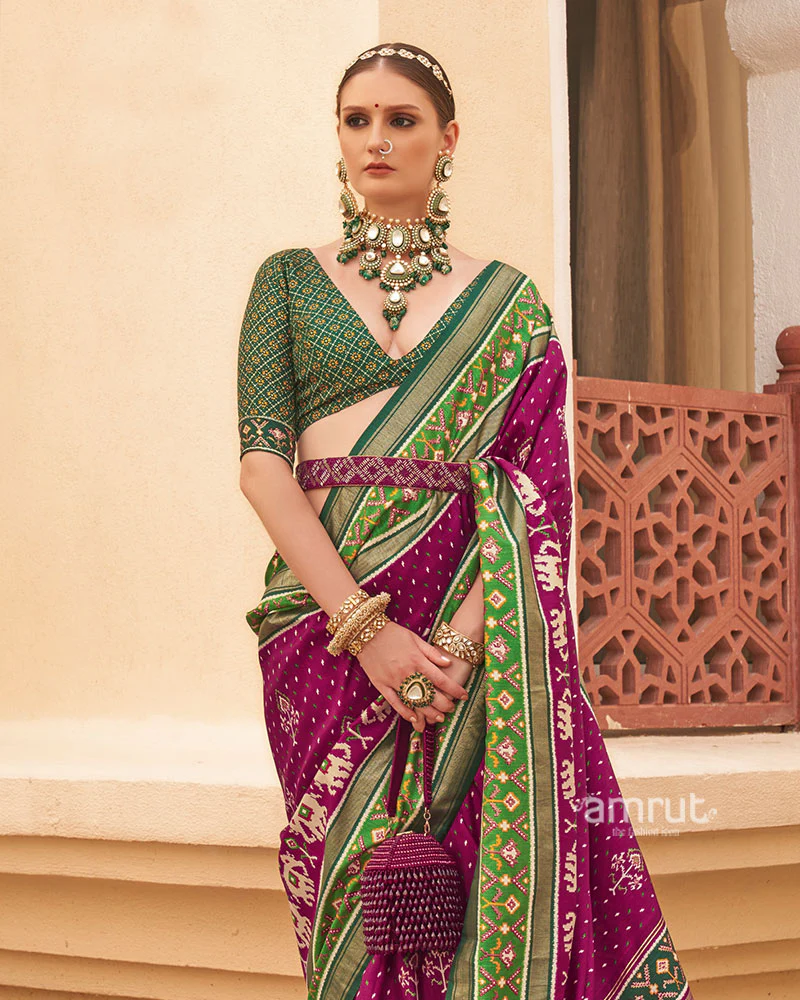 Purple and Green Ethnic Printed Patola Silk Saree with Unstitched Blouse - Image 2