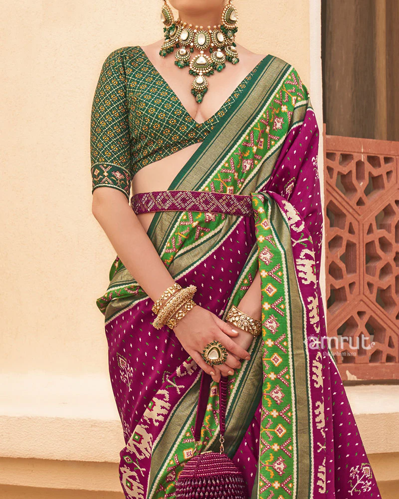 Purple and Green Ethnic Printed Patola Silk Saree with Unstitched Blouse - Image 3