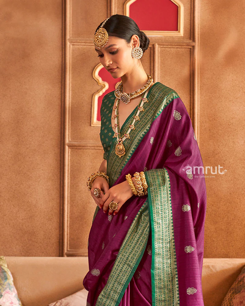 Purple and Green Foil Printed Patola Saree with Unstitched Blouse - Image 2