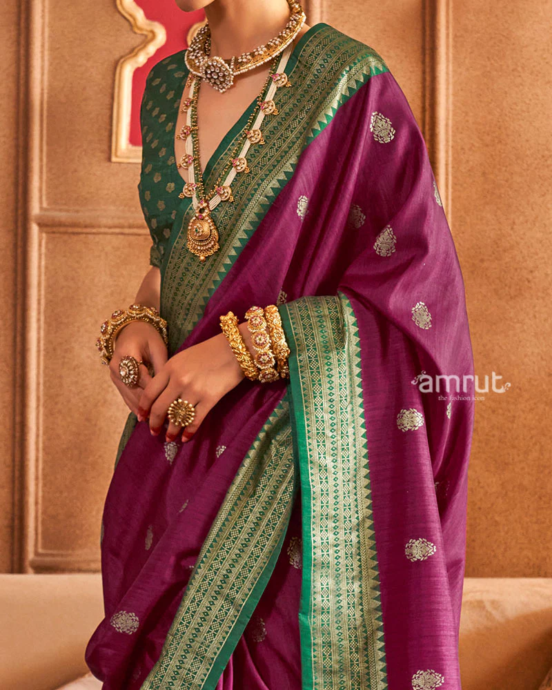 Purple and Green Foil Printed Patola Saree with Unstitched Blouse - Image 3