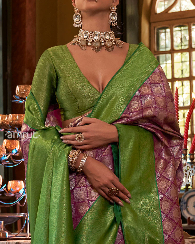 Purple and Green Paisley Woven Border Kanjeevaram Silk Saree with Unstitched Blouse - Image 3