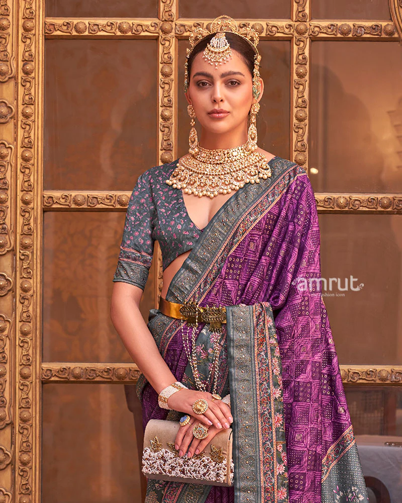 Purple and Grey Border Printed Silk Saree with Unstitched Blouse - Image 2
