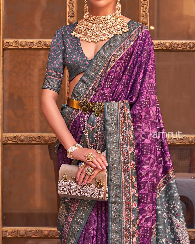 Purple and Grey Border Printed Silk Saree with Unstitched Blouse - Image 3