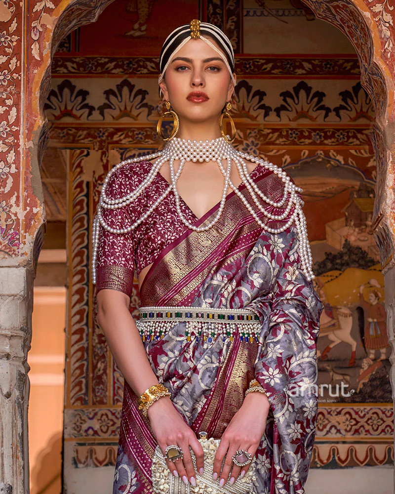 Purple and Grey Floral Printed Patola Saree with Zari Woven Border and Unstitched Blouse - Image 2