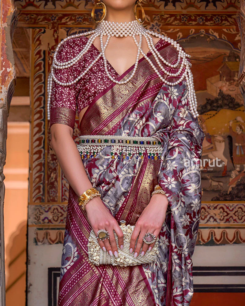 Purple and Grey Floral Printed Patola Saree with Zari Woven Border and Unstitched Blouse - Image 3