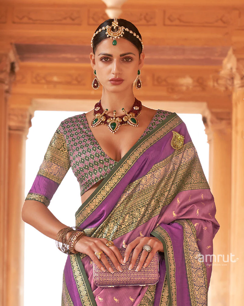 Purple and Multicolor Printed Patola Silk Saree with Unstitched Blouse - Image 2