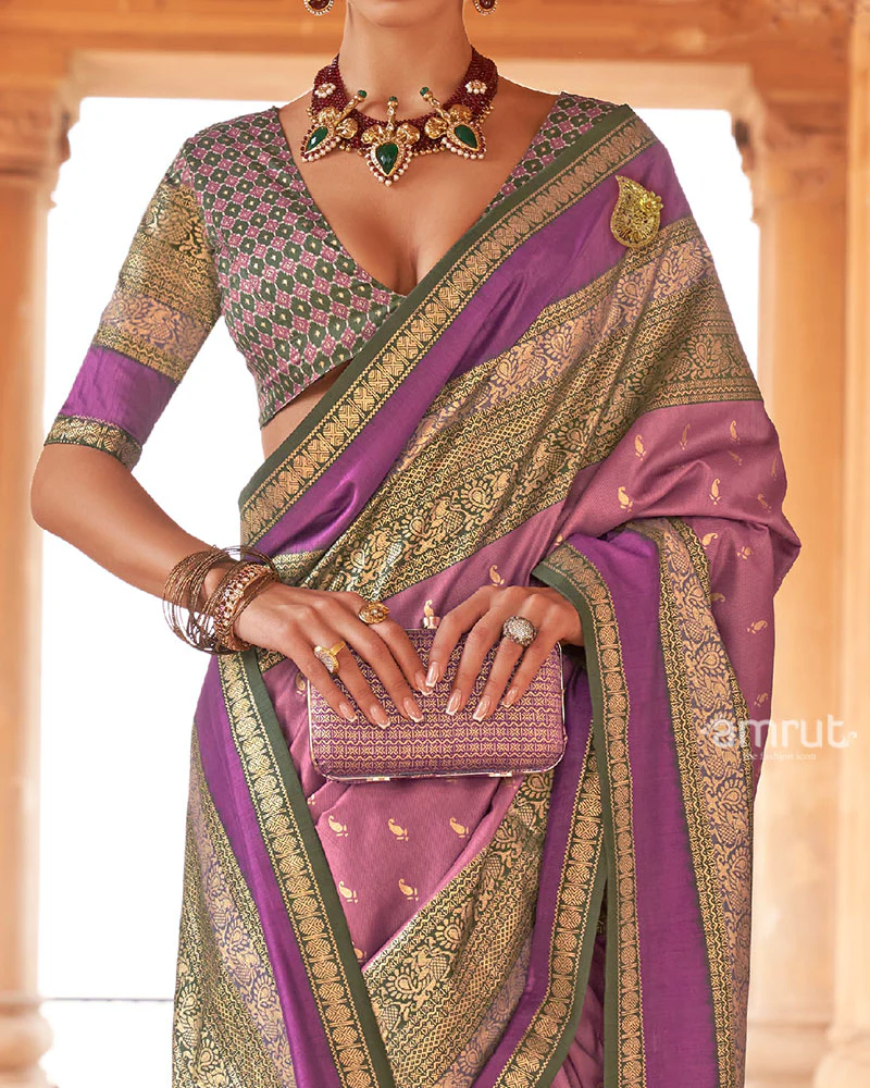 Purple and Multicolor Printed Patola Silk Saree with Unstitched Blouse - Image 3