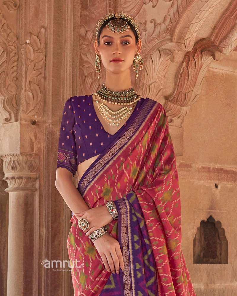 Purple and Pink Ikat Patola Printed Saree with Unstitched Blouse - Image 2