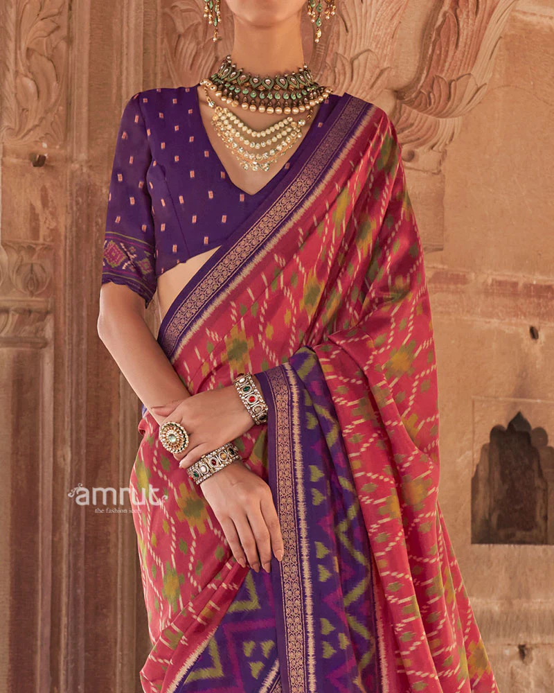 Purple and Pink Ikat Patola Printed Saree with Unstitched Blouse - Image 3