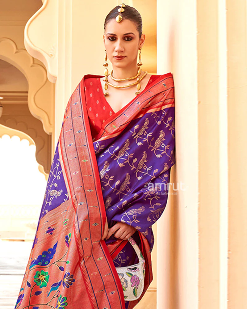 Purple and Red contrast Border Zari weaving Paithani Silk Saree with Unstitched Blouse - Image 2