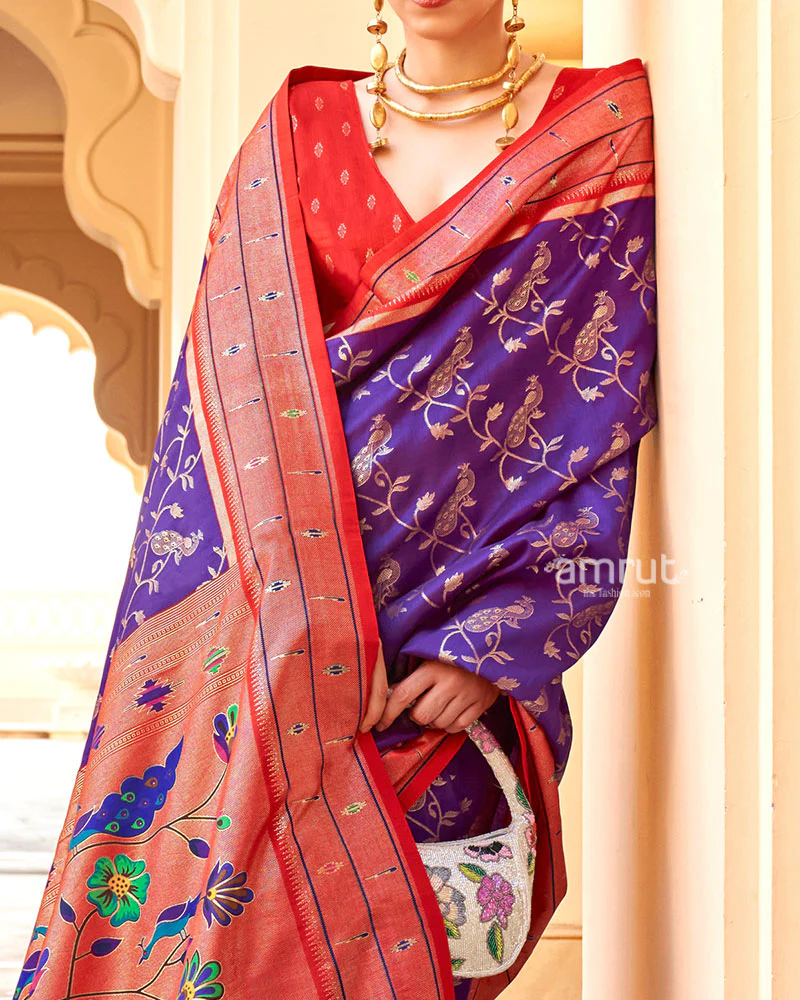 Purple and Red contrast Border Zari weaving Paithani Silk Saree with Unstitched Blouse - Image 3