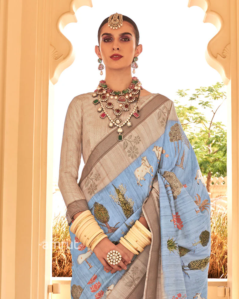 Blue with Light Brown Border Printed Saree and Unstitched Blouse - Image 2