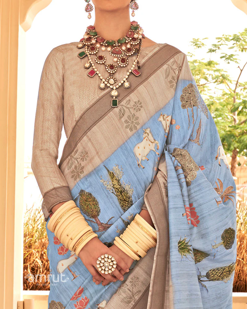 Blue with Light Brown Border Printed Saree and Unstitched Blouse - Image 3