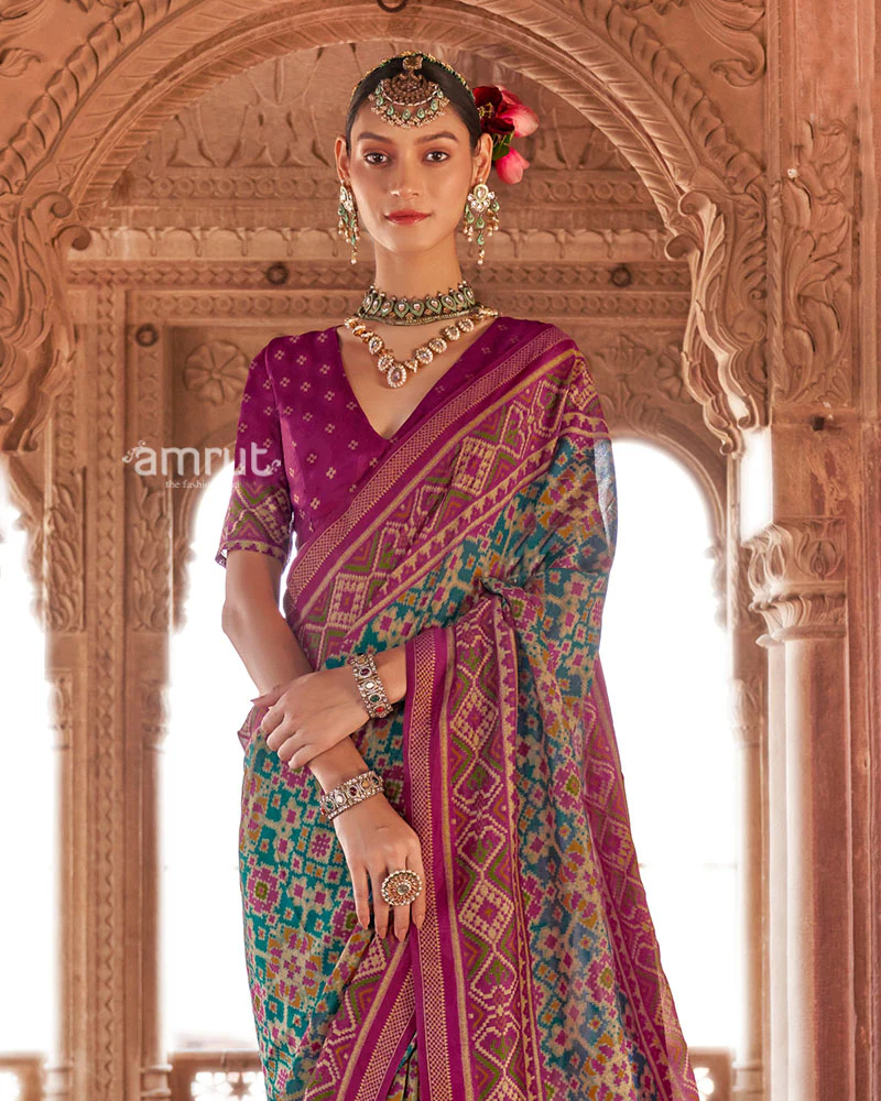Purple and Teal Patola Printed Saree with Unstitched Blouse - Image 2