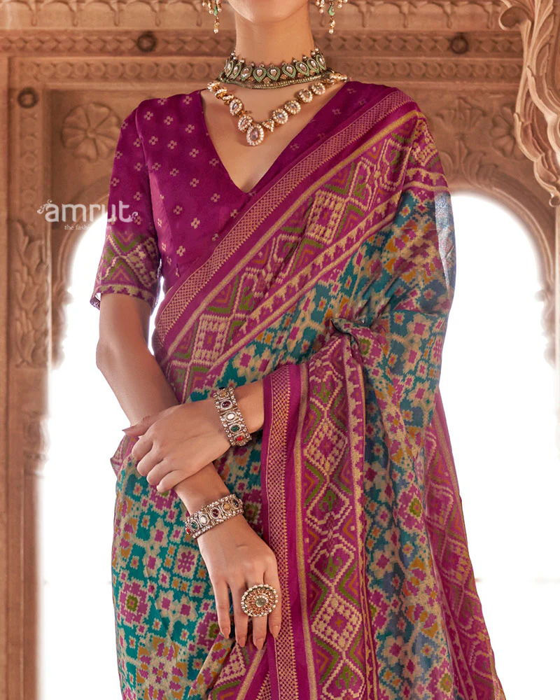 Purple and Teal Patola Printed Saree with Unstitched Blouse - Image 3