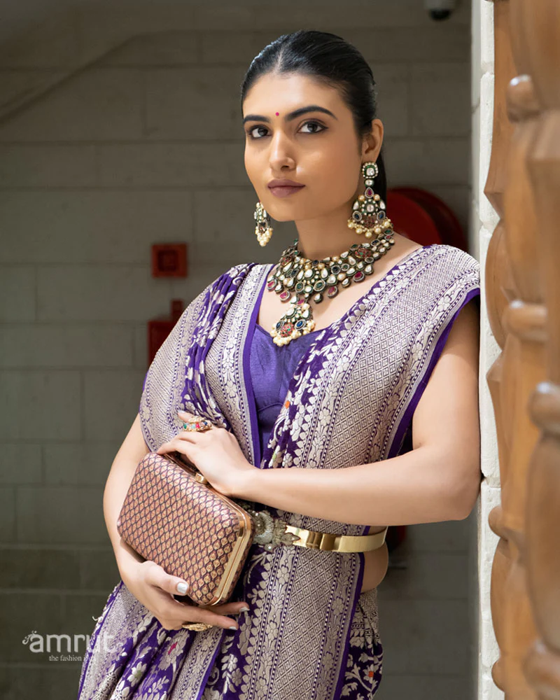 Purple Banarasi Saree with Silver Zari Weaving & Unstitched Blouse - Image 2
