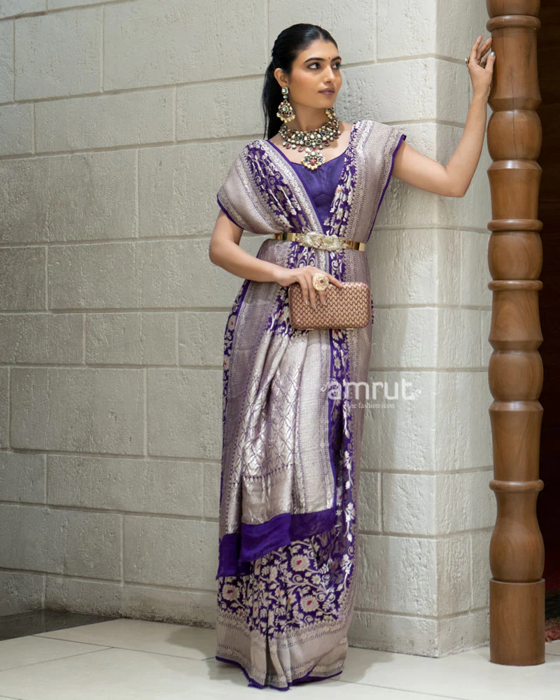 Purple Banarasi Saree with Silver Zari Weaving & Unstitched Blouse - Image 4