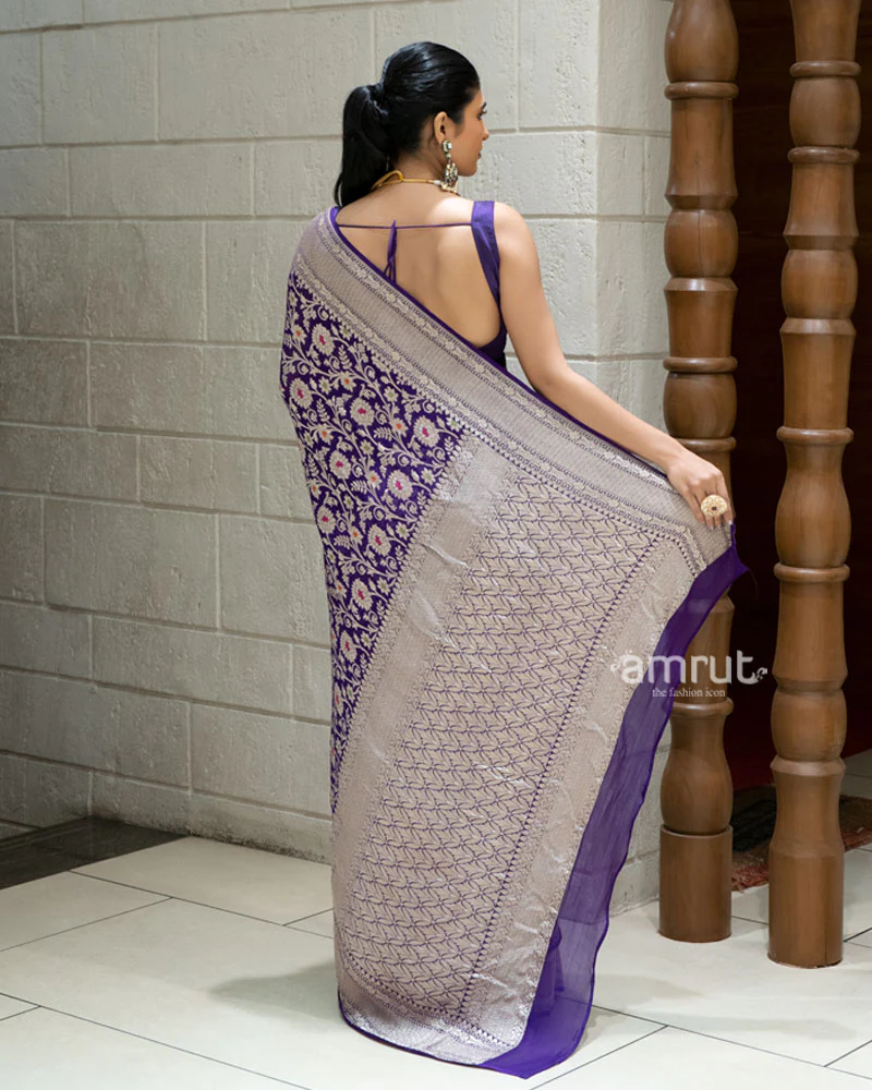 Purple Banarasi Saree with Silver Zari Weaving & Unstitched Blouse - Image 5