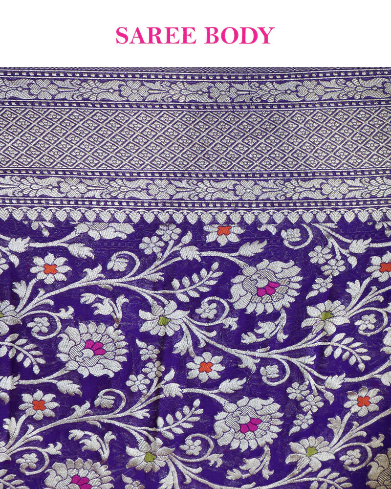 Purple Banarasi Saree with Silver Zari Weaving & Unstitched Blouse - Image 7