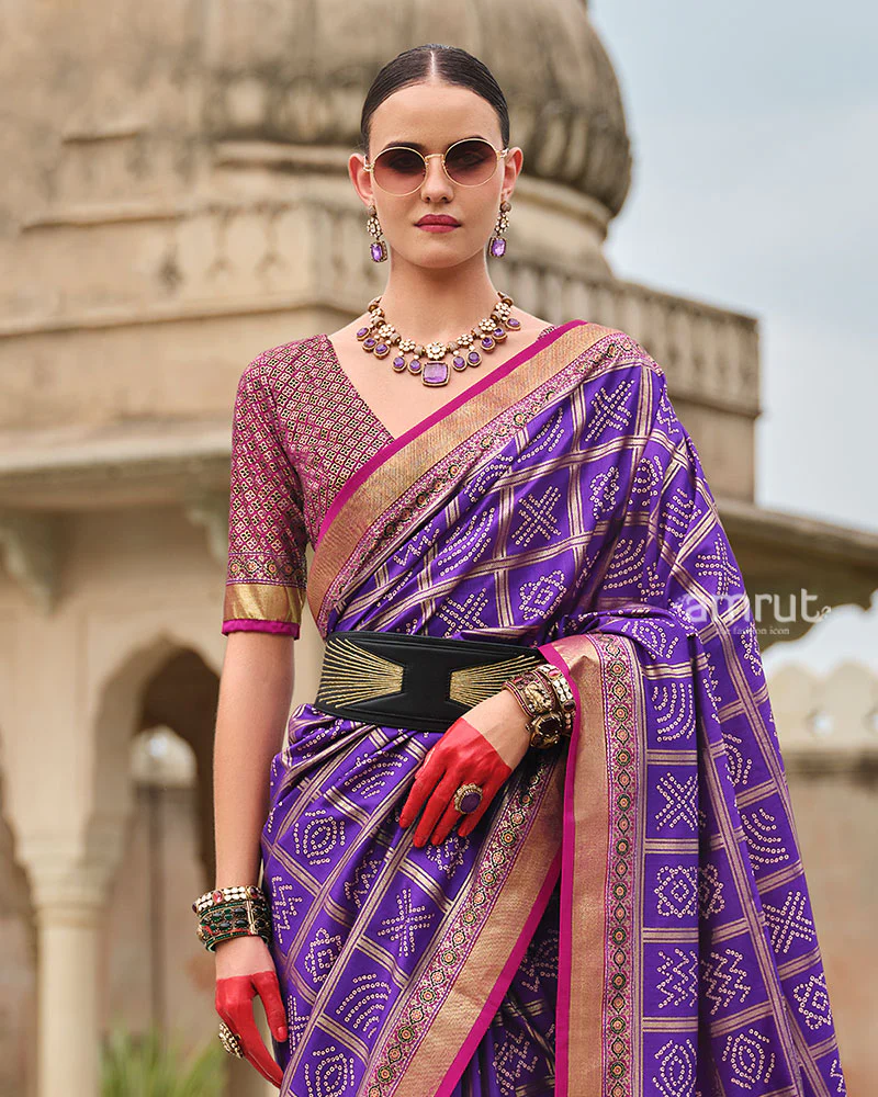 Purple Bandhani Printed Silk Saree with Unstitched Blouse - Image 2