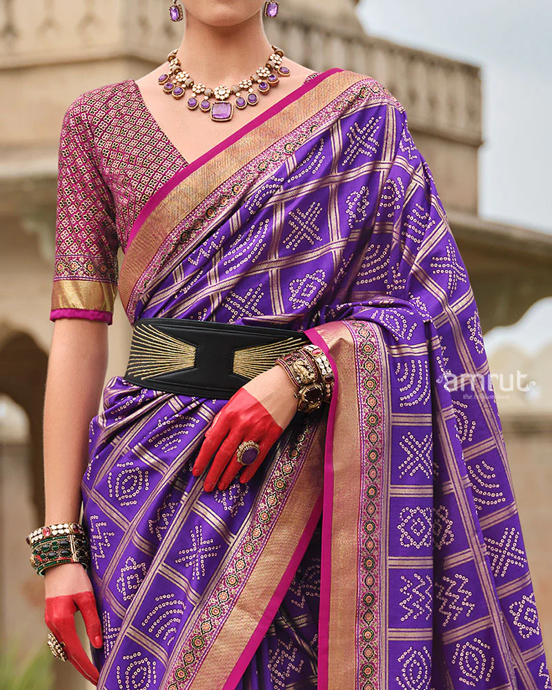 Purple Bandhani Printed Silk Saree with Unstitched Blouse - Image 3